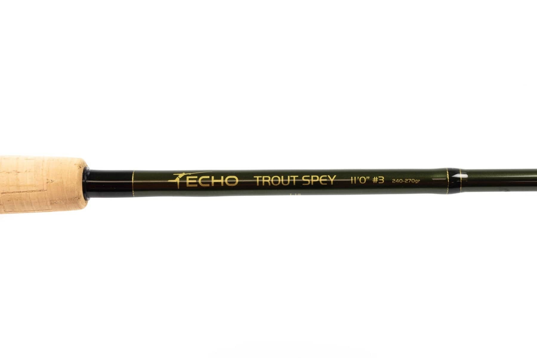 Olive-green graphite Echo Trout Spey fly rod blank with cork handle, gold lettering 11-foot #3 spey rod