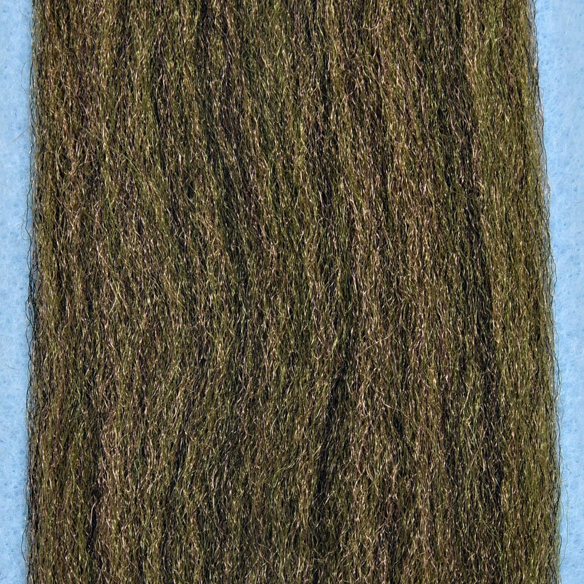 Olive brown synthetic 3D fibers for fly tying, wispy blended strands with subtle sheen