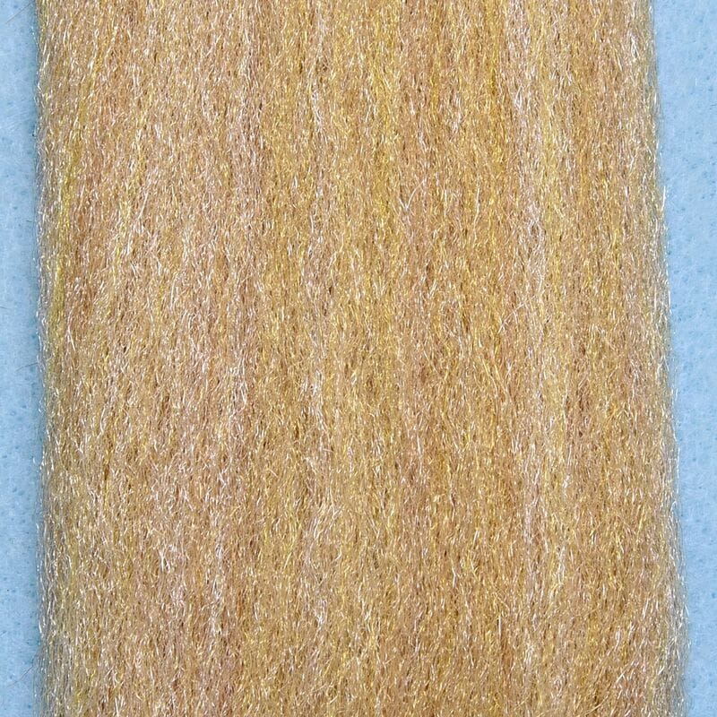 Golden tan synthetic 3D fibers with fine iridescent flash strands for fly tying, soft lustrous texture