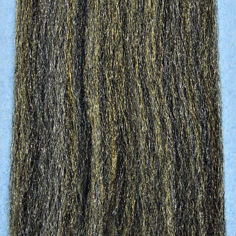 Olive and black synthetic 3D fibers for fly tying, textured shiny strands with metallic highlights