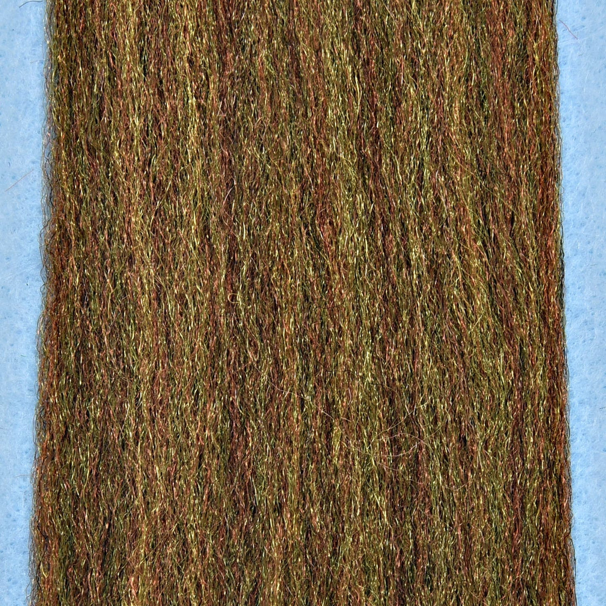 Olive and copper Enrico Puglisi 3D fibers with metallic sheen, fine synthetic strands for fly tying, close-up texture