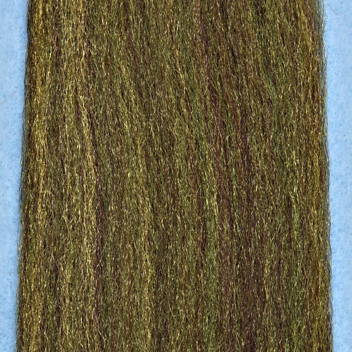 Olive green and brown shimmering synthetic 3D fibers for fly tying, fine textured strands with subtle iridescent sheen