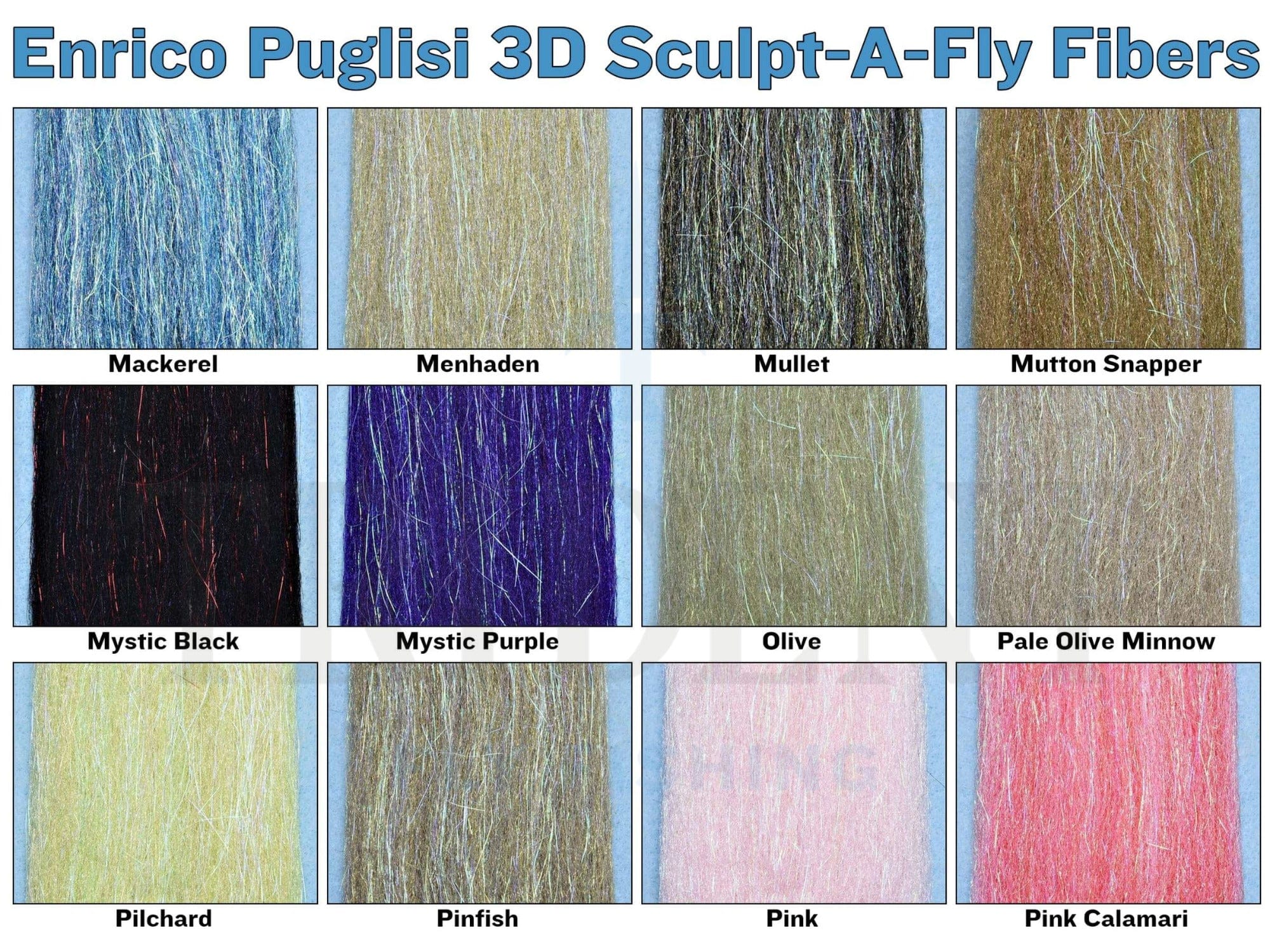 Assortment of Enrico Puglisi 3D Sculpt-A-Fly synthetic fibers in blue, olive, purple, black and pink shades for fly tying
