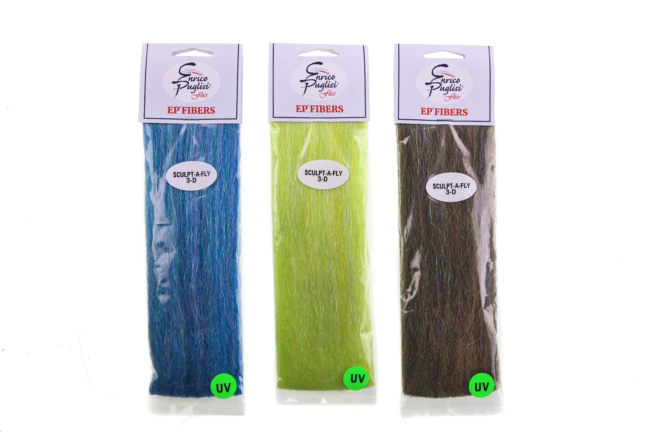 Enrico Puglisi 3D sculpt-a-fly fibers packs in blue, chartreuse and brown shimmering synthetic fly tying fibers with UV dots