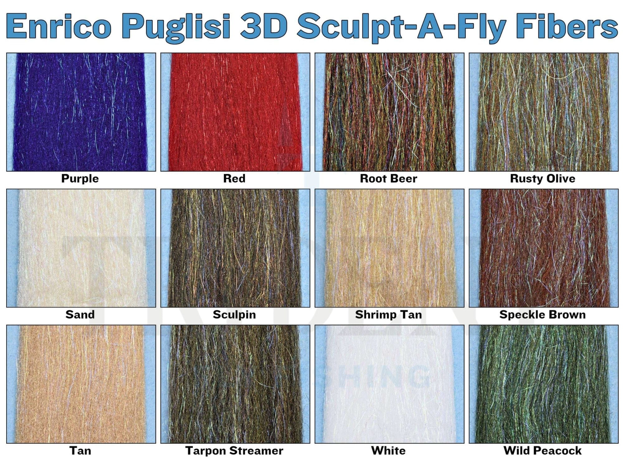 Enrico Puglisi fly tying fibers swatch grid of textured synthetic strands in purple, red, olive, tan, white, peacock