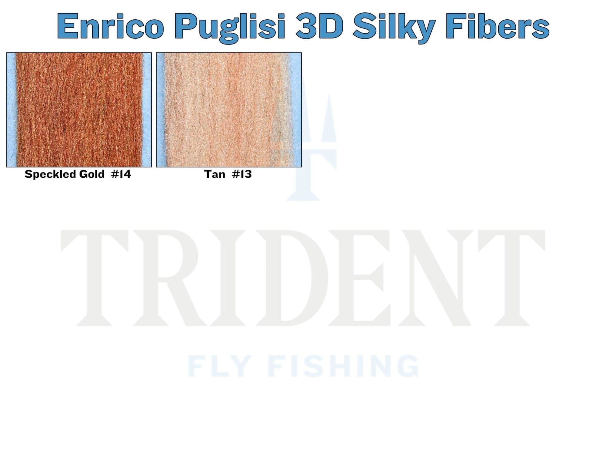 Two rectangular swatches of synthetic silky fly-tying fibers: speckled gold #14 (coppery) and tan #13 (peachy)