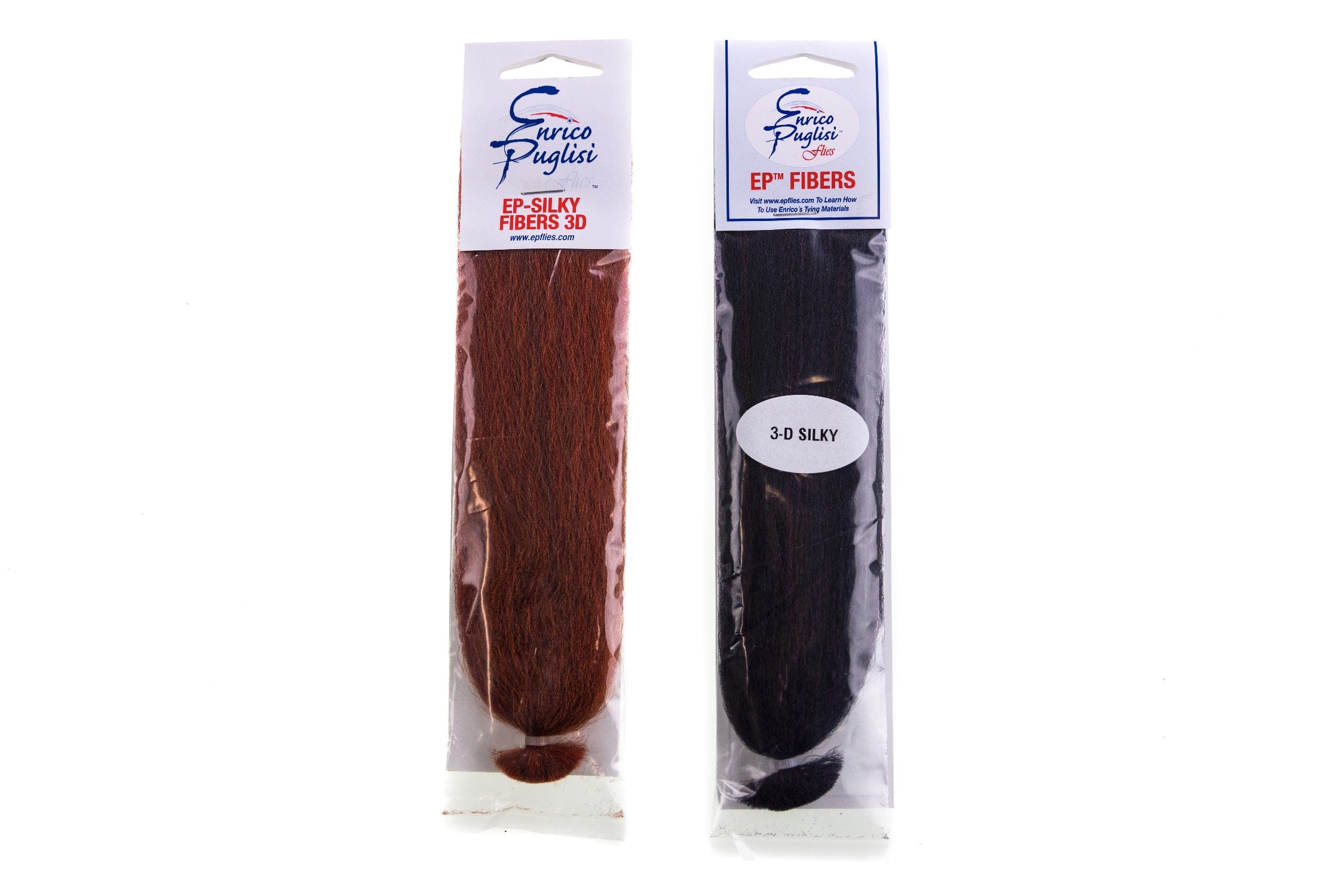 Enrico Puglisi 3D silky fibers pack showing long brown and black synthetic fly tying fibers in clear hanging packaging