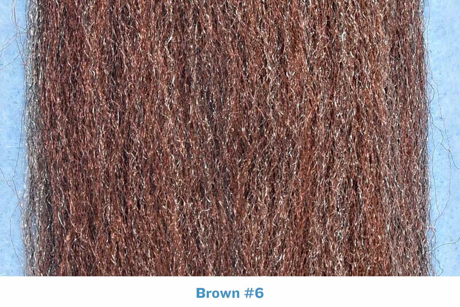 Brown #6 silky fibers with subtle silver sparkle, fine synthetic strands for fly tying