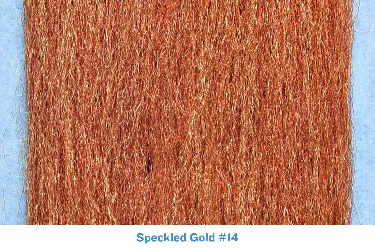 Coppery speckled gold silky fibers for fly tying, close-up of textured synthetic strands with subtle gold shimmer