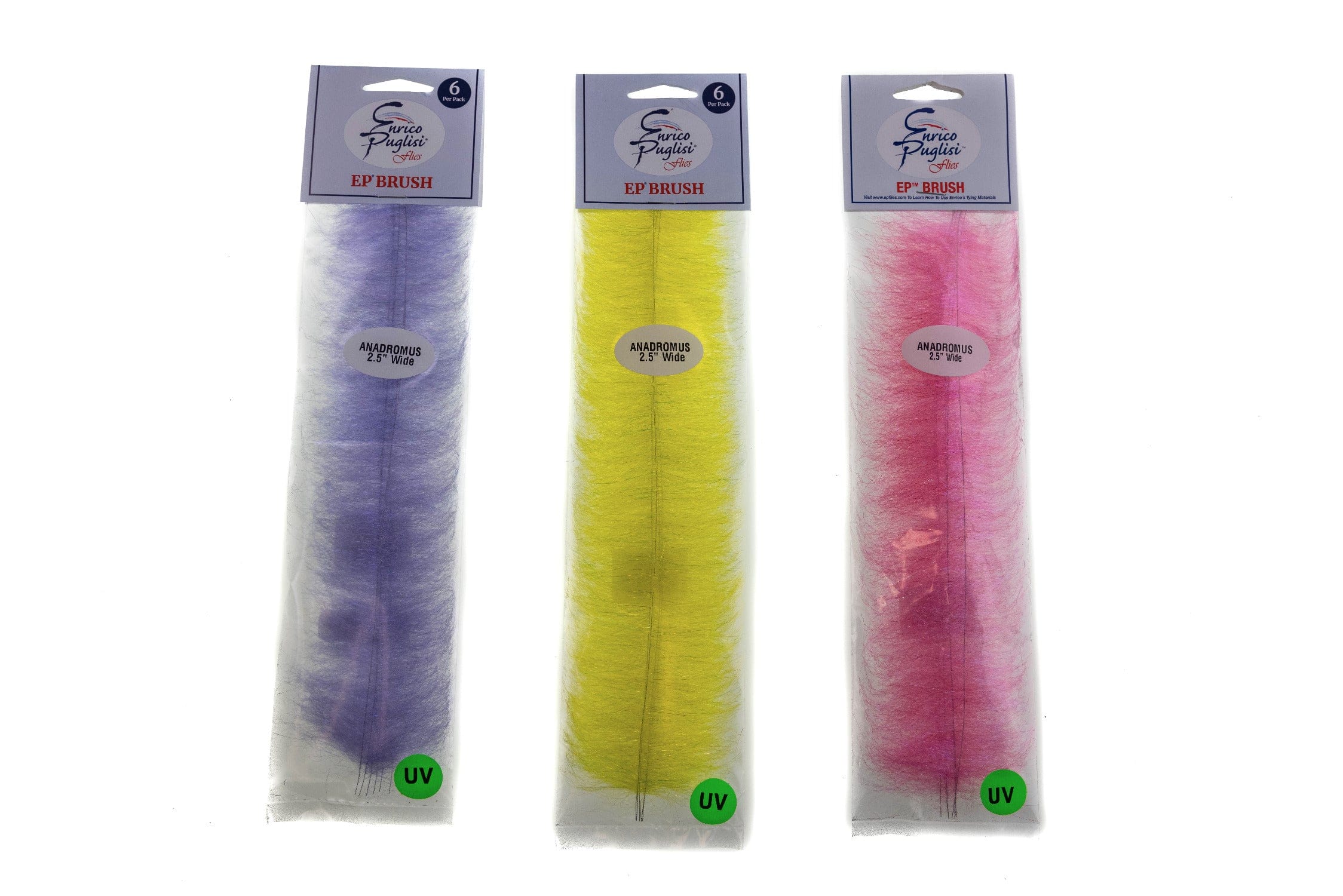 Enrico Puglisi Anadromus fly tying brushes, three packs with long synthetic fiber in lavender, fluorescent yellow and pink
