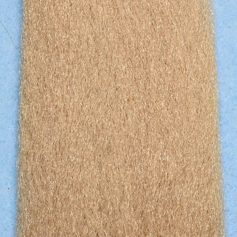 Tan synthetic EP fibers panel with fine shimmery hair-like strands on blue backing for fly tying