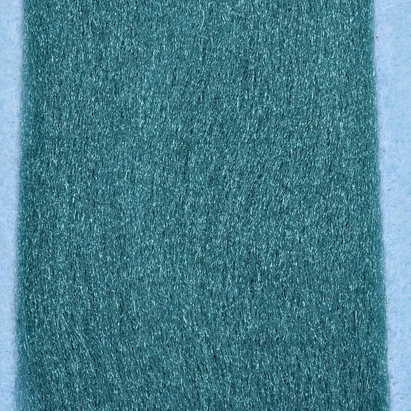 Shimmering teal synthetic EP fibers for fly tying, fine silky strands with subtle sparkle and flat ribbon texture