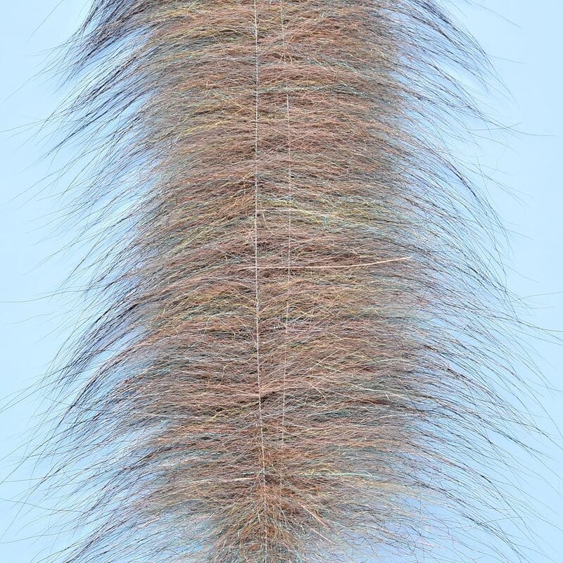 Enrico Puglisi Foxy Brush strip: long tan-brown fox-like fur with iridescent flash fibers, stitched center for fly tying