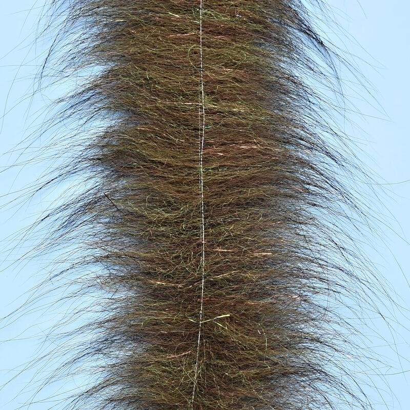 Olive-brown Enrico Puglisi Foxy Brush strip with long synthetic fur fibers and central tinsel for fly tying