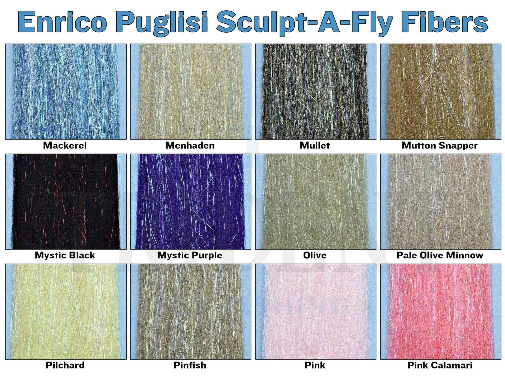 Enrico Puglisi Sculpt-A-Fly fly tying fibers, synthetic iridescent strands in blue, olive, black, purple and pink
