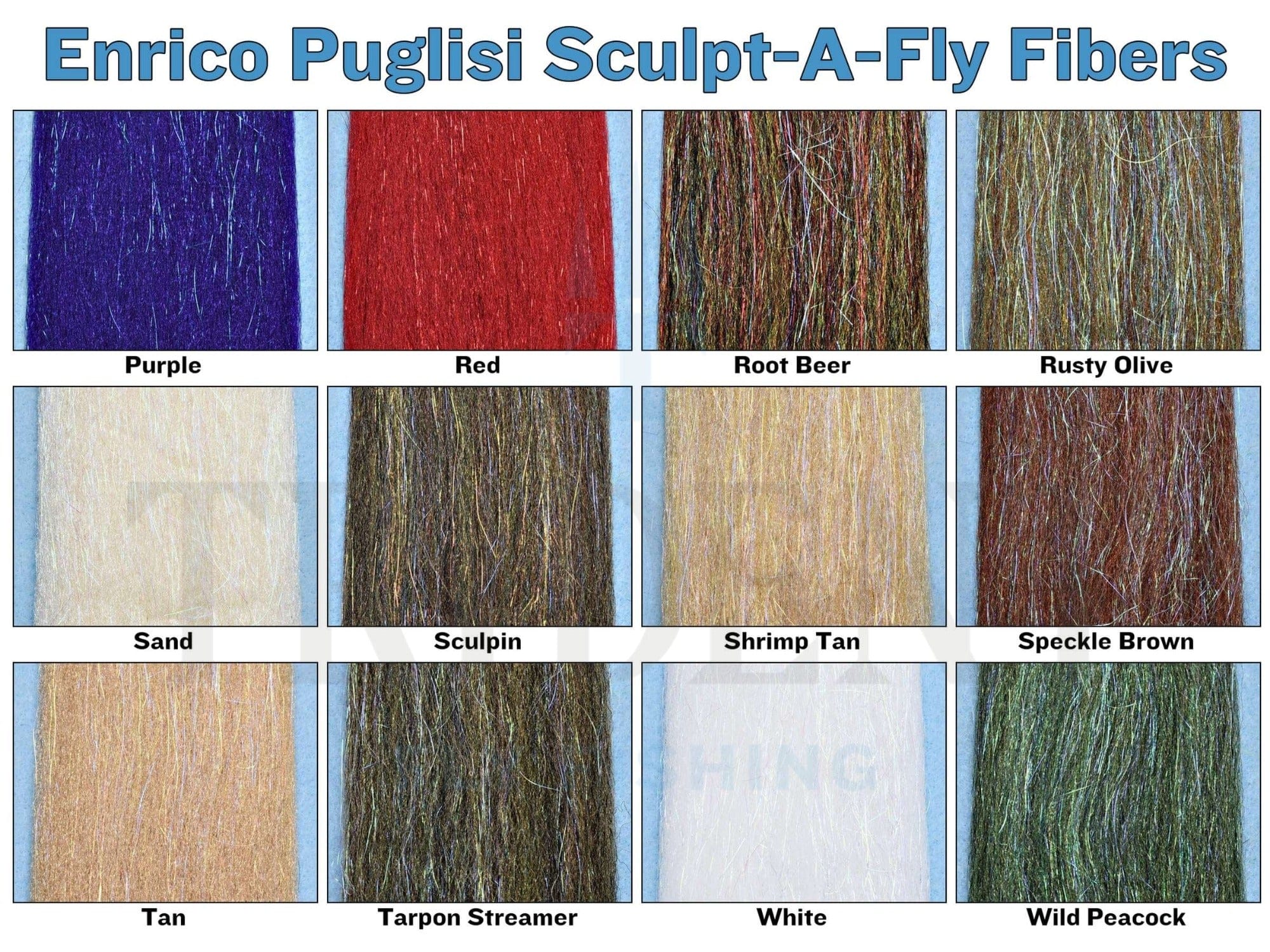 Swatch grid of shimmery synthetic fly tying fibers in purple, red, root beer, olive, tan, white