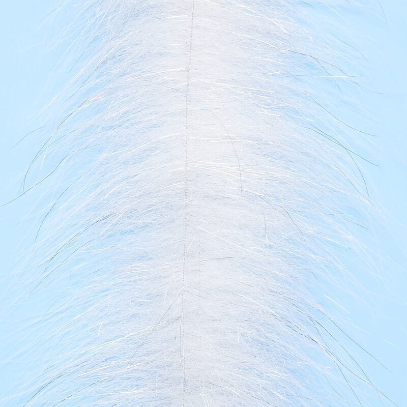 White pearlescent synthetic brush with long wispy fibers, silver flash and stitched spine for fly tying
