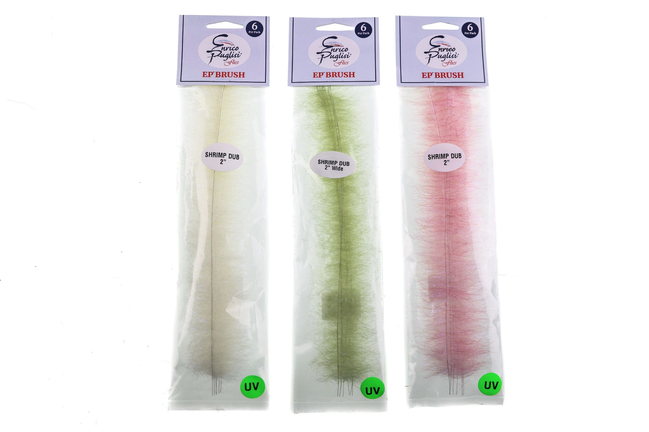 Three Enrico Puglisi Shrimp Dub EP Brush packs — pale cream, olive green, and pink synthetic dubbing fibers for fly tying