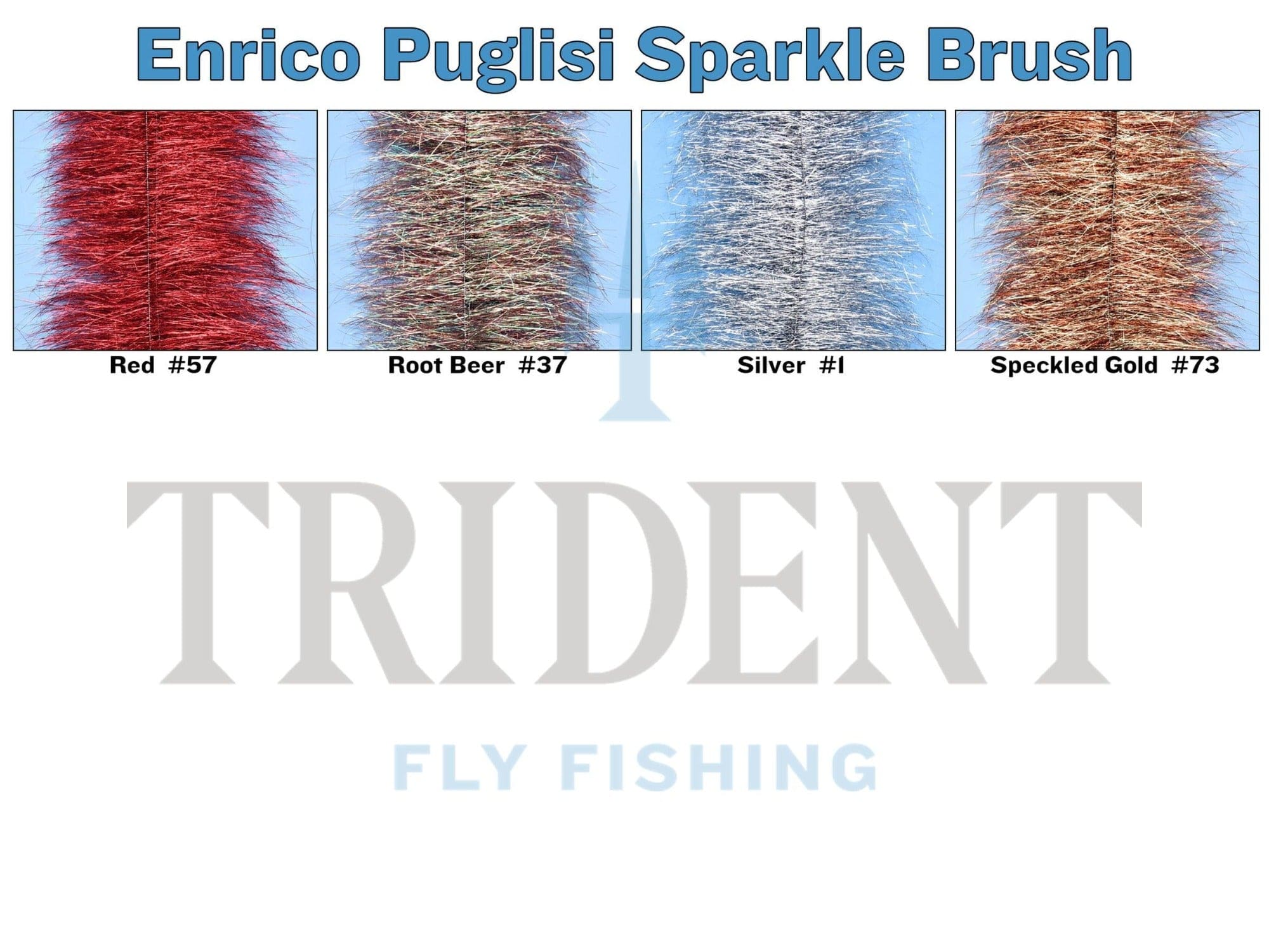 Enrico Puglisi Sparkle Brush fly tying fibers: sparkly synthetic brush swatches in red, root beer, silver and speckled gold