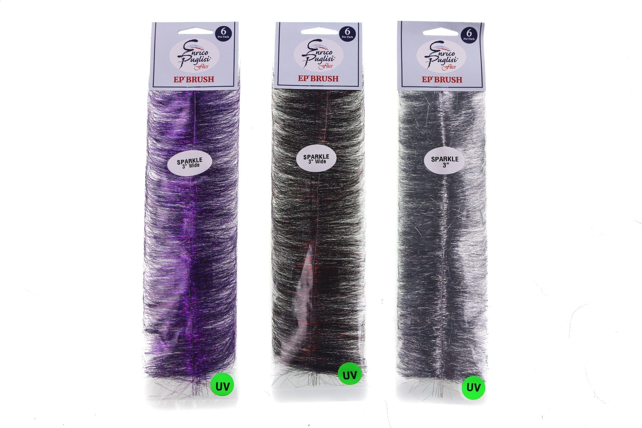 Three Enrico Puglisi Sparkle Brush packs, purple, black with red flash, and silver synthetic sparkle fibers for fly tying