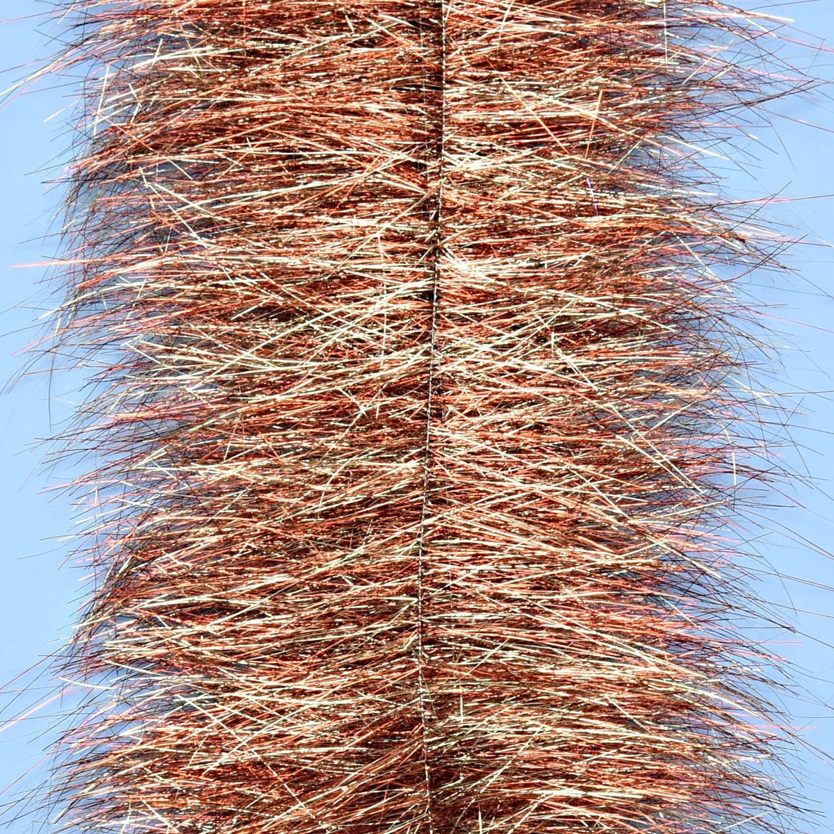 Copper and silver metallic tinsel sparkle brush with dense, long reflective fibers on a twisted wire core for fly tying