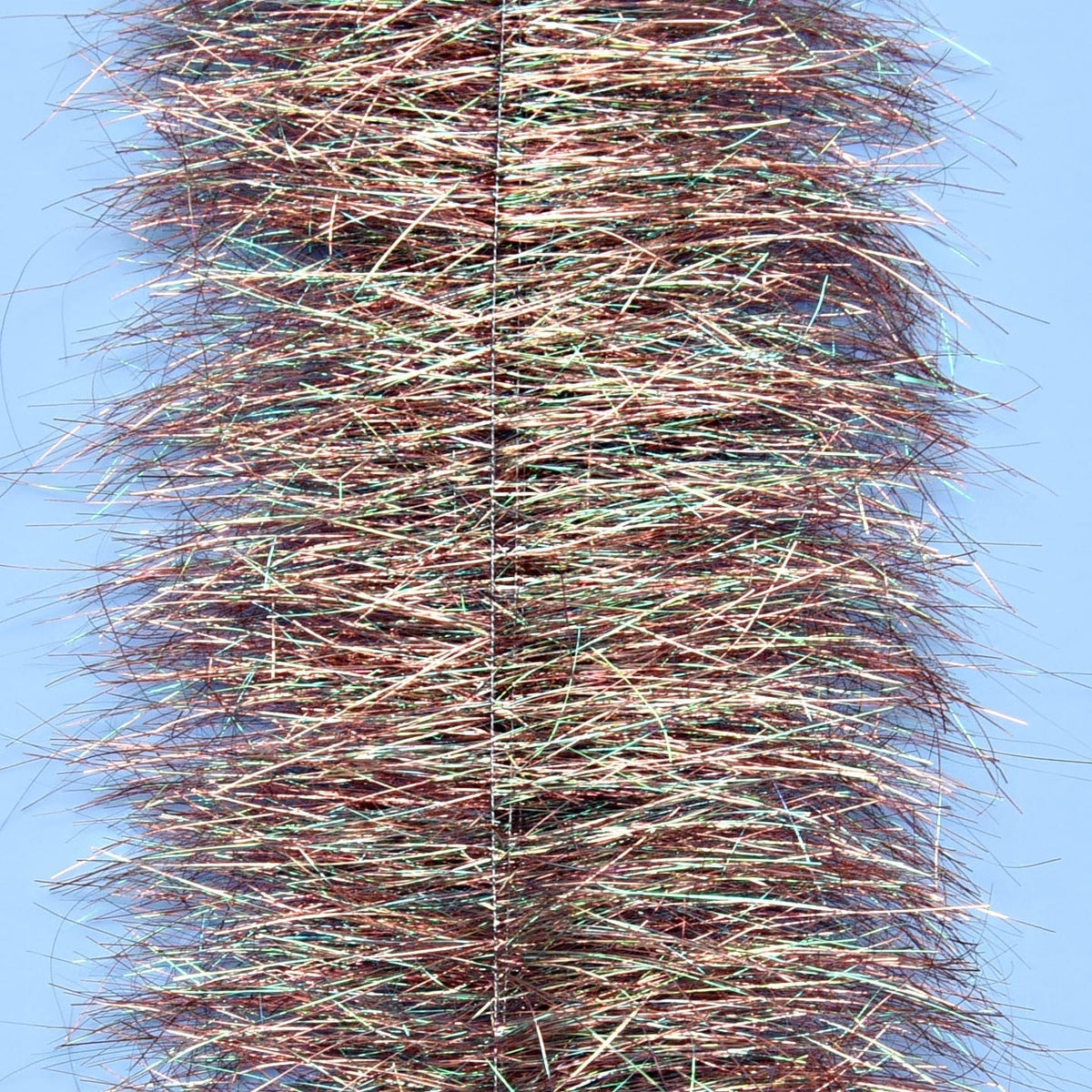 Copper and green iridescent synthetic fibers on dense chenille core, Enrico Puglisi sparkle brush for fly tying