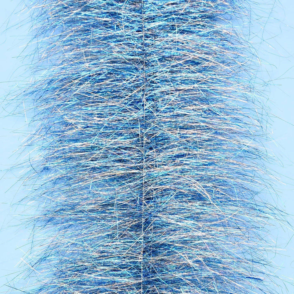 Close-up blue metallic tinsel fibers on dense Enrico Puglisi sparkle brush for fly tying