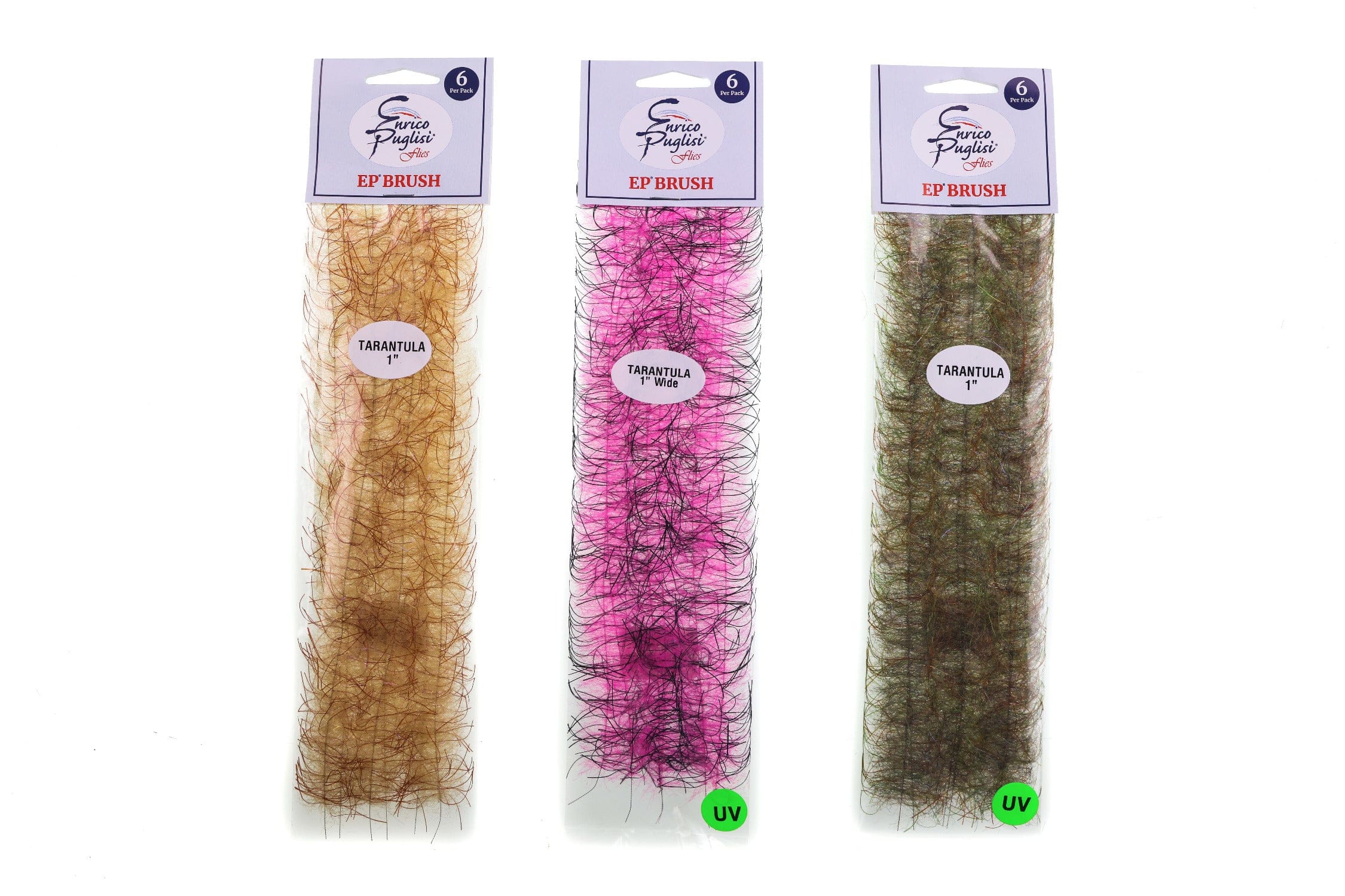 Three Enrico Puglisi Tarantula hairy legs brushes in tan, neon pink with black fibers, and olive green for fly tying