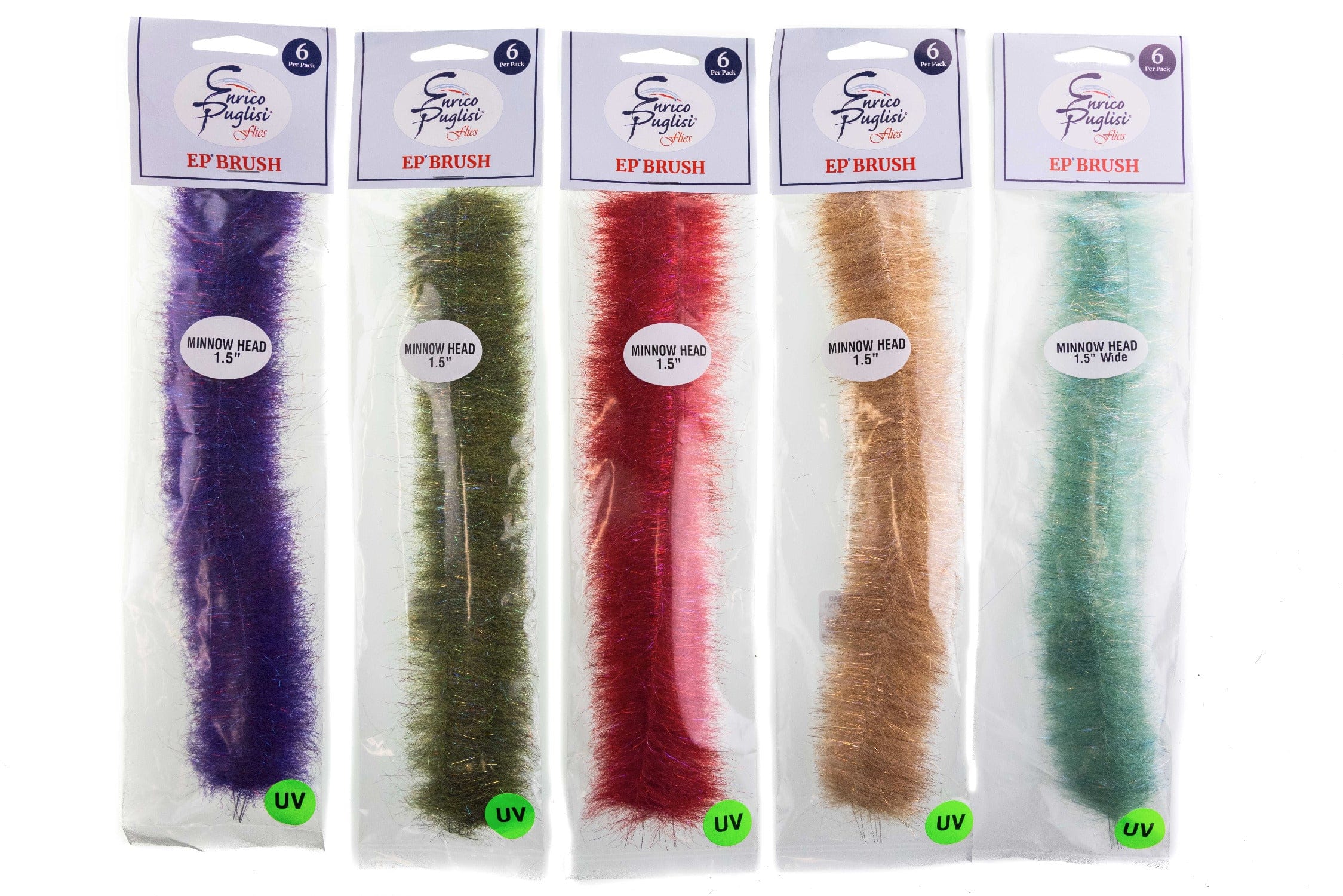 Five Enrico Puglisi EP BRUSH minnow head packs showing purple, olive, red, tan, and teal UV synthetic fibers for fly tying