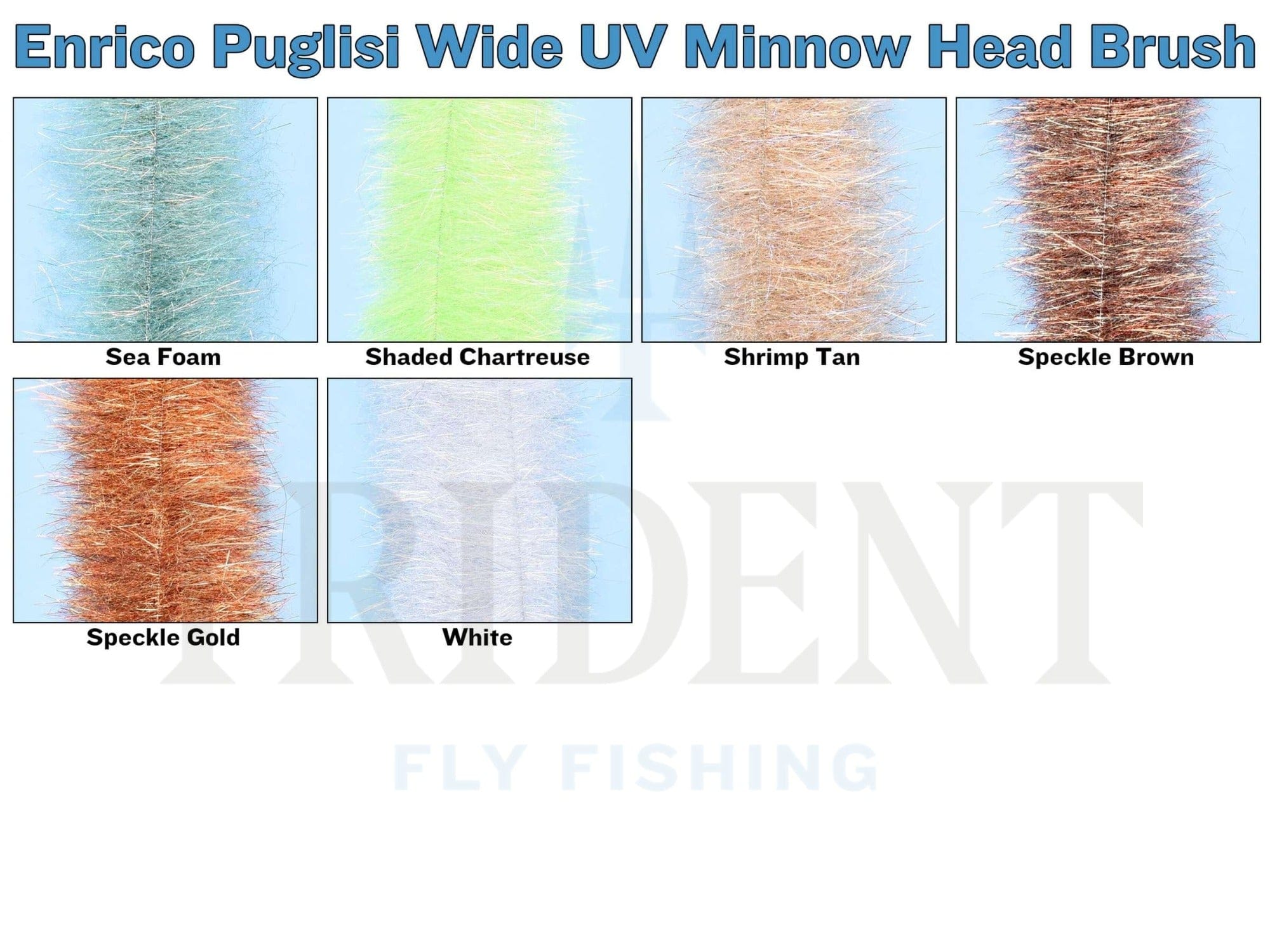 Six wide synthetic minnow head brushes in sea foam, chartreuse, shrimp tan, speckle brown, speckle gold and white for fly