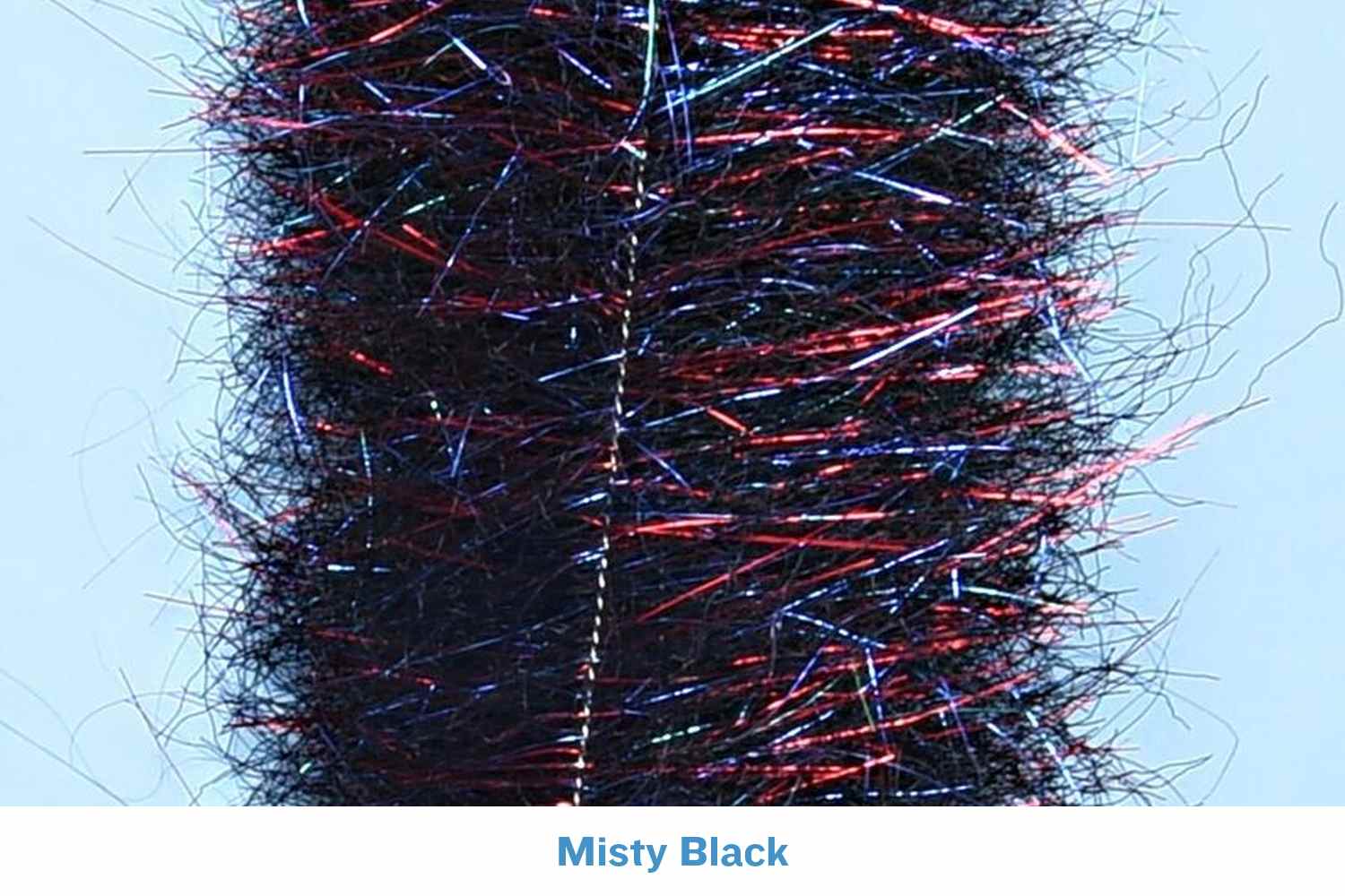 Misty black wide UV minnow head brush with dense black fibers, red-blue iridescent tinsel and visible wire core for fly tying