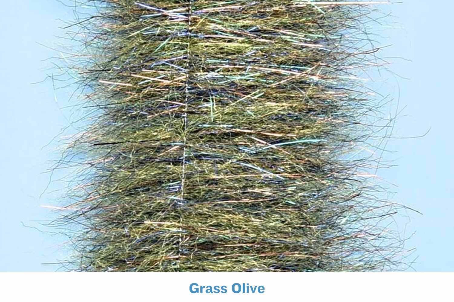 Grass olive synthetic bristle minnow head brush with iridescent tinsel fibers for fly tying
