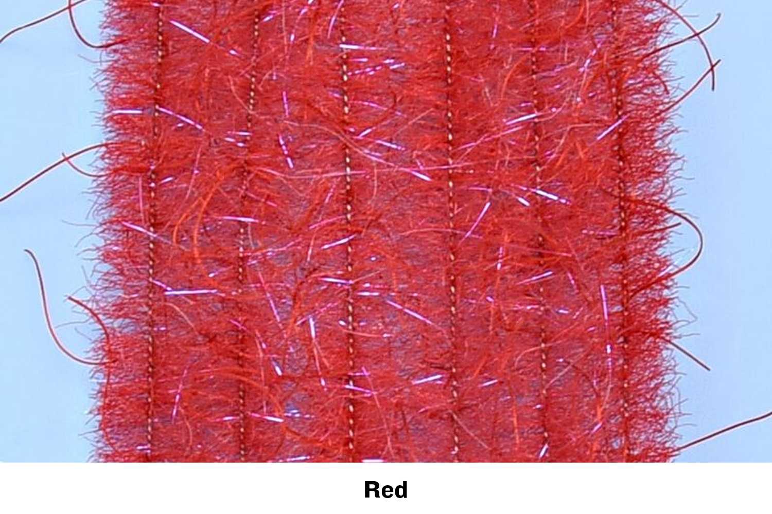 Bright red Enrico Puglisi Woolly Critter brush with fuzzy synthetic fibers and iridescent tinsel for fly tying
