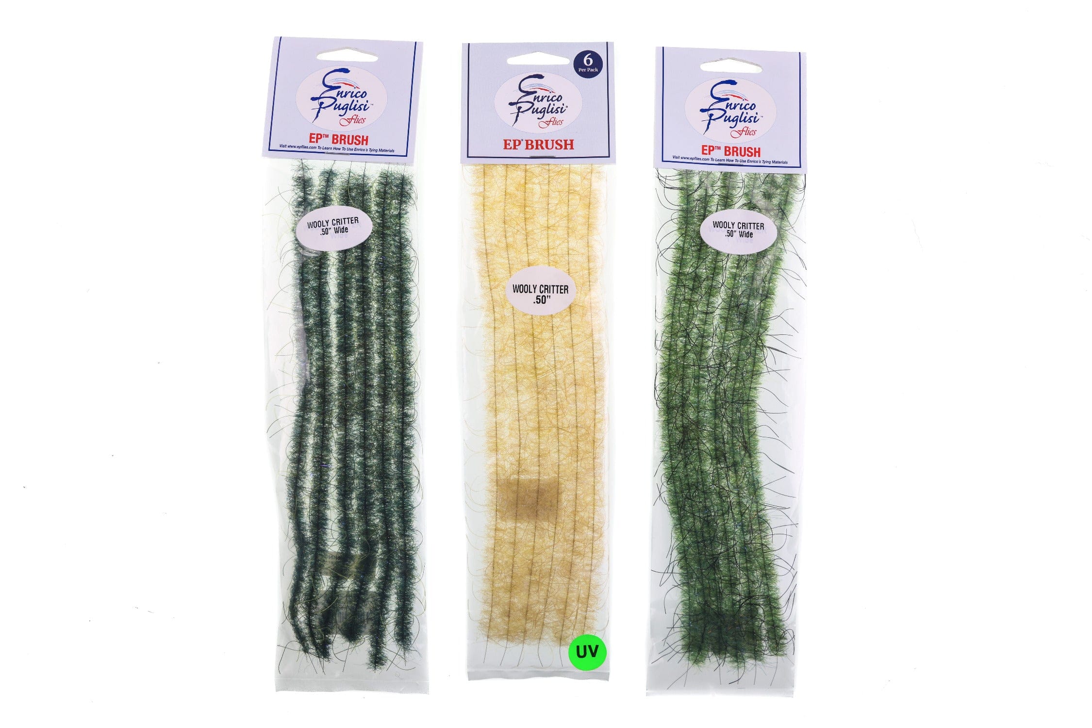 Three Enrico Puglisi Woolly Critter fly tying brushes: dark olive striped, tan yellow, and moss green hairy synthetic strips