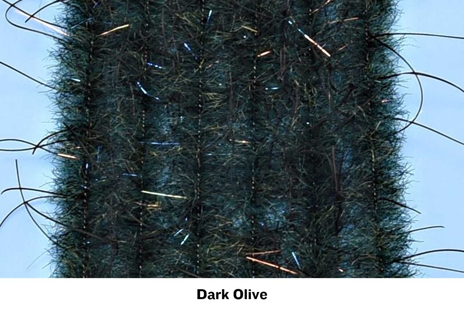 Dark olive Woolly Critter brush close-up showing fuzzy synthetic fibers, iridescent tinsel and rubber legs for fly tying