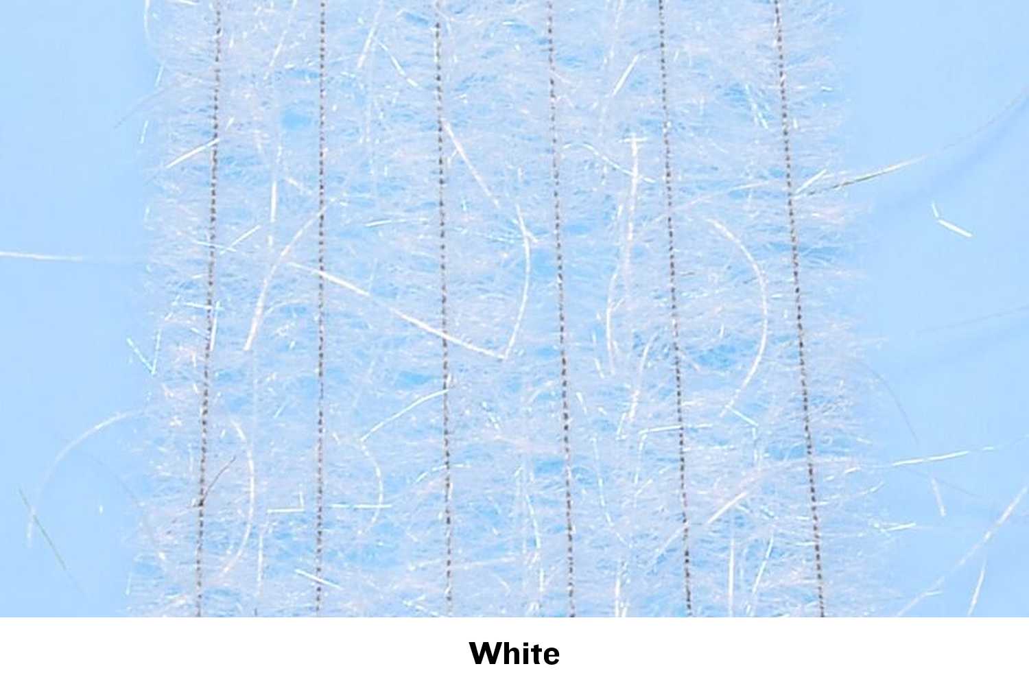White Woolly Critter brush with fluffy synthetic fibers, iridescent flash strands and stitched core strips for fly tying.