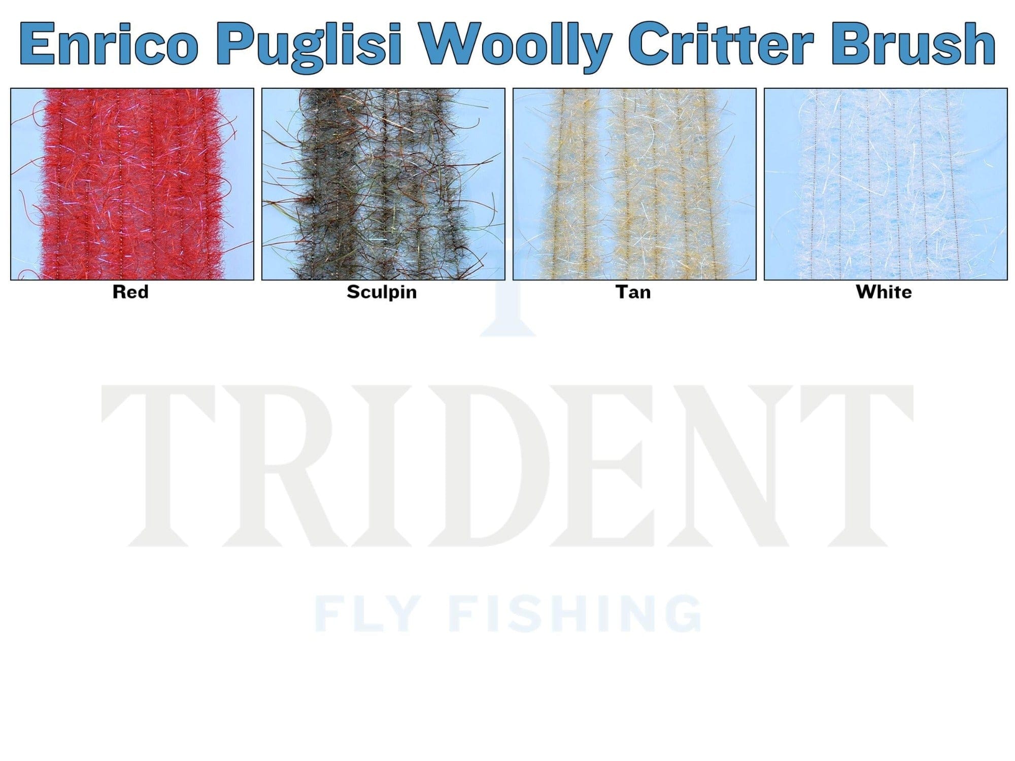 Enrico Puglisi Woolly Critter fly tying brush strips in red, sculpin, tan and white with fuzzy fibers and silver flash