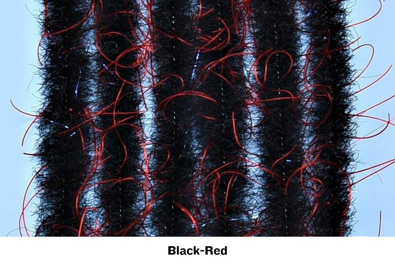 Black woolly chenille brush with red curly fibers, dense fuzzy texture for fly tying