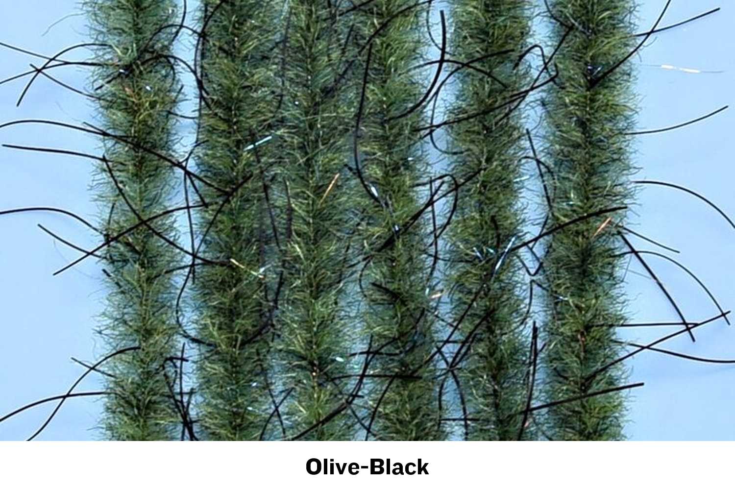 Olive-black Woolly Critter fly tying brush with olive fuzzy fibers, black rubber legs and subtle tinsel flash
