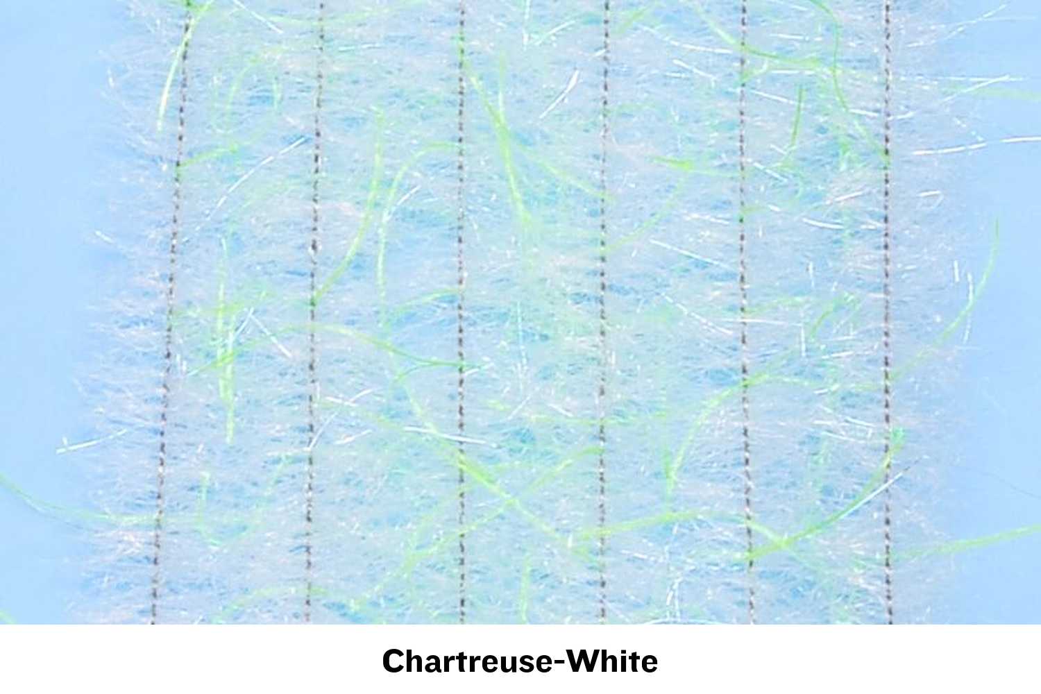 Chartreuse-white Woolly Critter brush: fluffy synthetic fibers with iridescent tinsel and stitched base for fly tying.