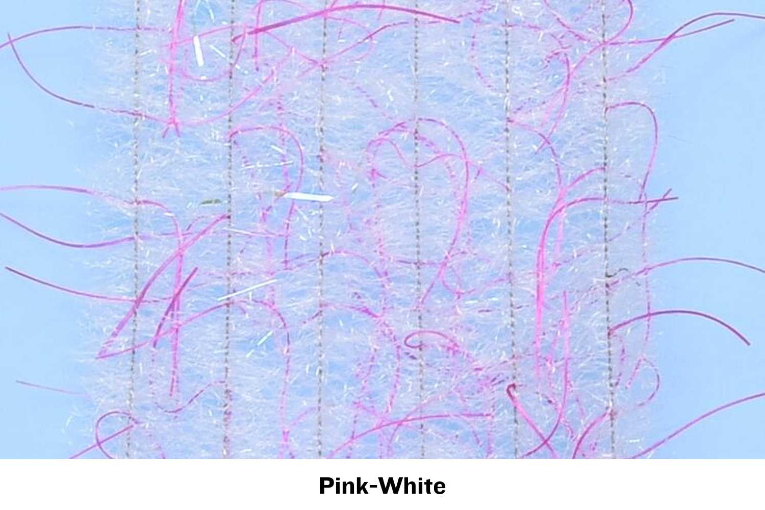 Pink-white Woolly Critter fly tying brush with fuzzy synthetic fibers, pink loops and iridescent tinsel on stitched backing