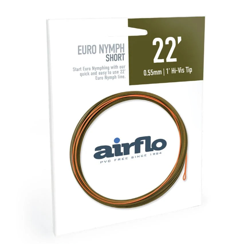 Airflo Euro Nymph Short 22ft fly line 0.55mm with hi-vis tip in olive, orange and brown coil packaging