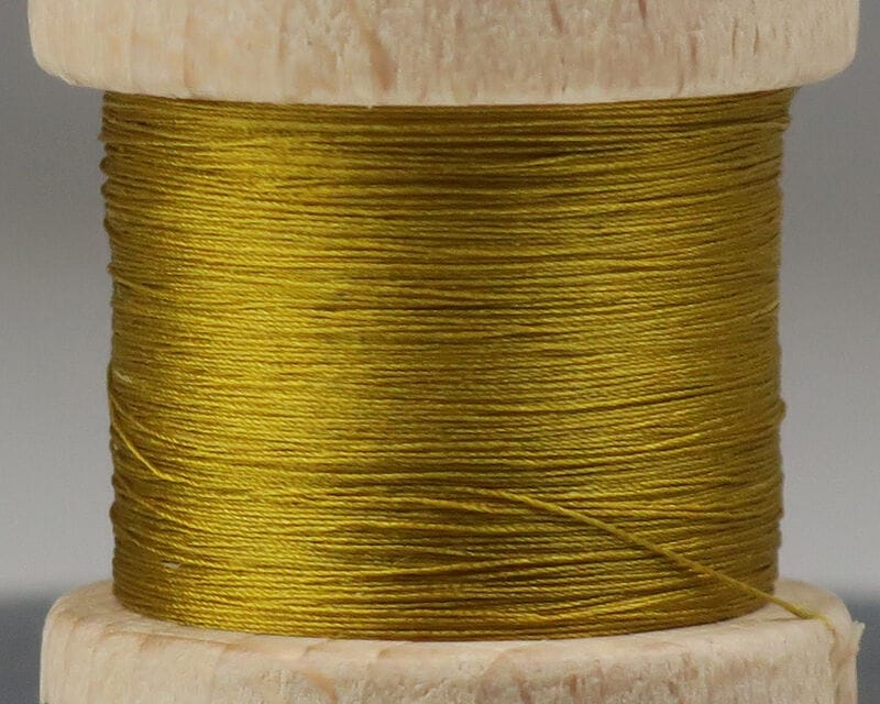 Golden olive Ephemera pure silk thread wound on wooden spool for fly tying, smooth glossy silk
