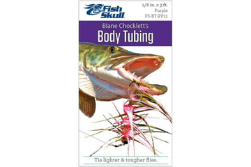 Fish-Skull body tubing packaging with purple header and fish head holding pink fly-tying tubing strands