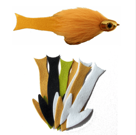 Orange faux-fur baitfish fly with gold skull head and assorted felt tails in mustard, black, chartreuse for fly tying
