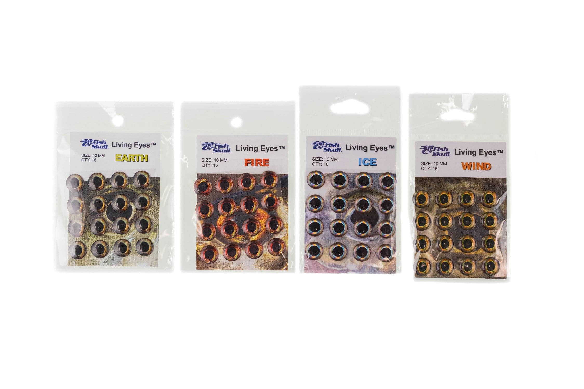Four Fish-Skull Living Eyes 10mm domed holographic fly-tying eyes in amber, copper, blue and gold