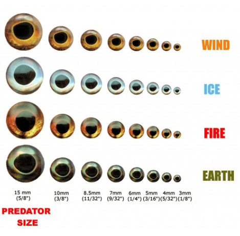 Fish-Skull Living Eyes set for fly tying: glass 3D eyes in Wind, Ice, Fire, Earth colorways, assorted sizes from 15mm to 3mm