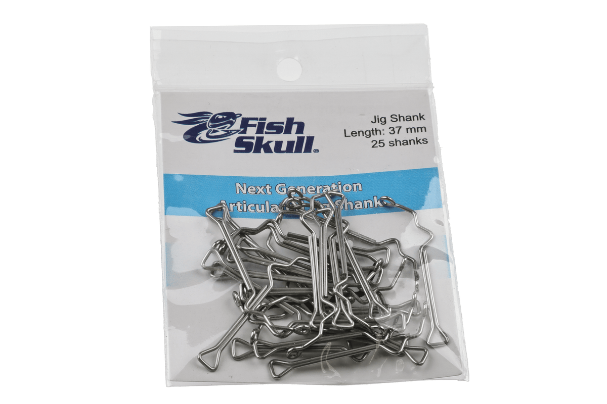 Clear plastic bag of silver stainless steel 60-degree articulated jig shanks Fish-Skull with blue label 37mm fly tying