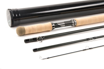 G. Loomis Asquith Spey fly rod with light cork handle, glossy dark green blank, metal reel seat and black rod tube