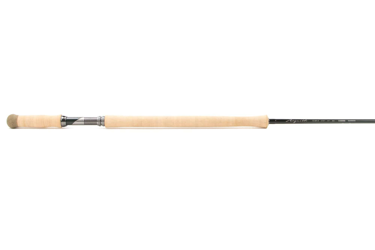 G. Loomis Asquith spey fly rod with long natural cork handle, metal reel seat and glossy black graphite blank
